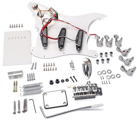 ERINGOGO DIY Gitarren Bausatz Komplettset Weiß mit Schlagbrett Brückensystem Single Coil Tonabnehmern Wege Schalter Volume Tone Reglern Stabiles Kunststoff Metall Design kein Löten