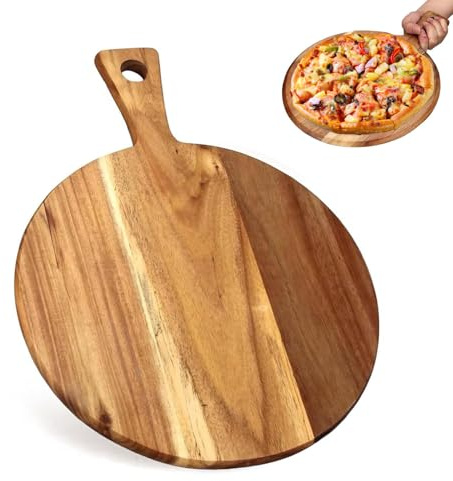 YMTWSRY 1 Stück Pizzateller Holz, 40 x 30 cm Pizzabrett Round Holzbrett Pizza Teller Schneidebrett mit Griff Servierbrett für Flammkuchen Käse Kuchen Brotzeit