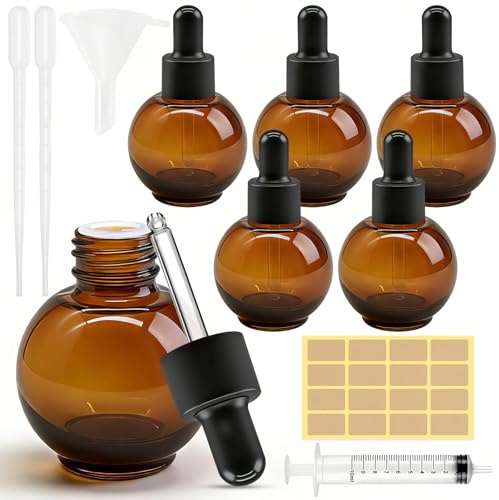 Maxumille 6 Pcs Amber Glass Dropper Bottle 30ml with 5 Accessories | 1oz Small Pipette Dropper Bottles Refillable for Essential Oil Massage, Perfumery Aromatherapy Laboratory Fragrances Bottle