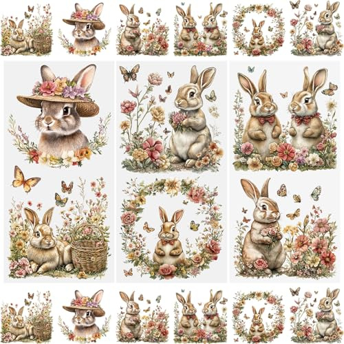 WANDIC 3 Bogen Rub On Sticker Ostern, Frohe Ostern Deko Ostereier Osterhasen Wasserdicht Aufkleber Vintage Kaninchen Handarbeiten Rub Ons Frühling Aufkleber für Glas Keramik Holz Möbel, 15x30cm