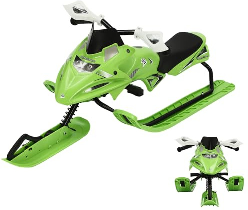 Lenkschlitten mit 2 Fußbremsen, Schlitten mit Automatisches Zugseil & Lenkrad & Stoßdämpfer für Kinder und Erwachsene, Max. Belastung 80 kg, Kinderschlitten Skibob Kufenschlitten (Grün)