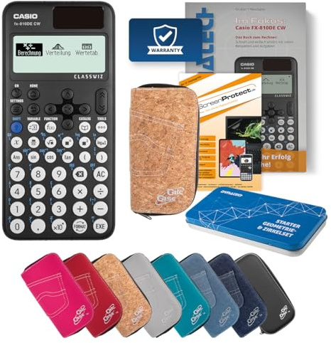 Casio FX 810DE CW Schulrechner mit CalcCase Schutztasche, Fachbuch, Geometrie Set & Displayschutz - Wissenschaftlicher Taschenrechner – ideal für Schule, Studium & Prüfung - Deluxe Set (Kork)