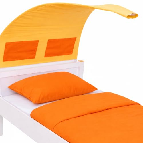 Segel für Kinderbett Skippy Typ 91, Bettsegel B65 x T72 x H101,5 cm, Kopfteil für Bett aus strapazierfähigem Stoff, Stoffsegel gelb mit 2 integrierten Taschen in orange, Stoffdach für Kinderbetten