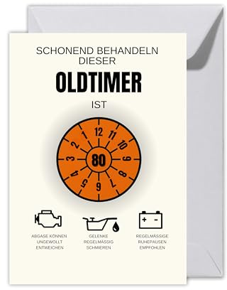 WBdesignz XXL Humorvolle Geburtstagskarte „Dieser Oldtimer ist 80“ mit Umschlag - Karte zum 80. Geburtstag mit TÜV Plakette & Auto-Symbolen - für Männer, Frauen, Großeltern (XXL DIN A4)