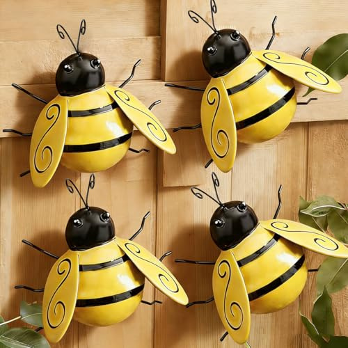 Gudui Metall Hummel Garten Wandkunst, 3D Biene Gartenzaun Dekorationen 4er Set Hängende Hummel Garten Ornamente Outdoor Wanddekoration Skulptur für Zaun, Hof, Rasen, Veranda, Schuppen