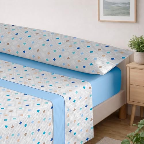 MERCURY TEXTIL- Juego de sábanas de Verano (Rombos Azul, Cama 150) | Entretiempo, Estampadas, Ropa de Cama Juego de 3 Piezas, 100% Microfibra. Modernas, Tacto Fino y Suave