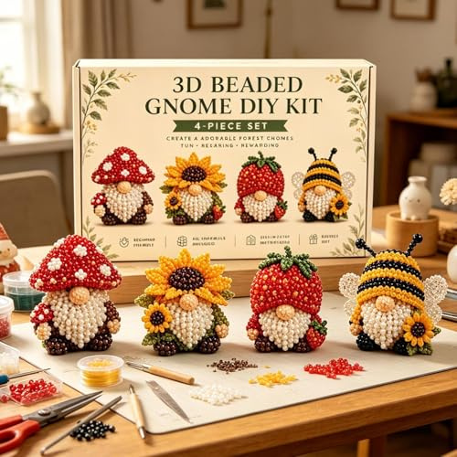 Perlentiere Bastelset, 3D Beaded Wichtel Figuren DIY Kit, 4 Stk Niedliche Gonks Stickerei Perlen Basteln Kinder Erwachsene, Lustige Gnome Figuren Perlen zum Auffädeln Set Basteln für Anfänger Geschenk