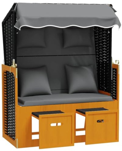 Roanoer Strandkorb mit Kissen Poly Rattan & Tannenholz Gartenliege | Komfortable Sonnenliege für Terrasse und Garten mit verstellbarer Rückenlehne und ausziehbaren Fußhockern.