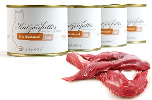 Lucky Kitty Katzenfutter Nass Rind, 95% Fleisch I Katzenfutter ohne Getreide & Zucker, Lebensmittelqualität I Nassfutter für Katzen & Kitten, Keine Zusätze I Katzennassfutter Made in Germany I 4x200g