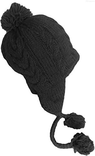 Nepal Handgestrickte Sherpa-Mütze mit Ohrenklappen, Trapper Ski schwere Wolle Fleece gefütterte Kappe (schwarzes Zopfstrick)
