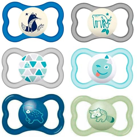 MAM Silicone Ciuccio 16 + AIR Day & Night, 6 pezzi, 3 x contenitori per il trasporto sterilizzati