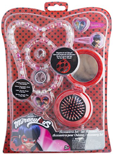 Joy Toy 65988 Miraculous Schmuckset mit 2 Glitzer-Haarspangen, Perlenkette, Perlenarmand, Ring und Pop Up Bürste mit Spiegel auf Blisterkarte 20 x 2 x 28,5 cm, bunt