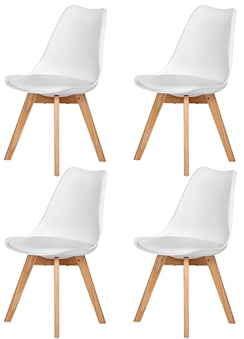 H.J WeDoo 4-Set Esszimmerstühle mit massivem Eichenholzbein, robuste Eichenholzbeine Küchenstühle mit Polsterung, Wohnzimmer, Büro - Weiß