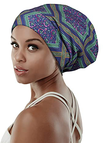 FocusCare Schlafmütze für Damen mit langem Haar, Dreadlocks, Locken, kleine Größe, mit Satin gefüttert, Violett / Grün