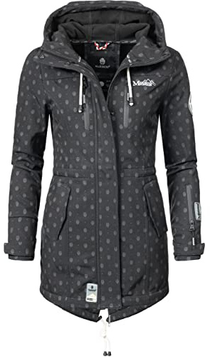 MARIKOO Damen Übergangsjacke Softshellmantel mit Kapuze Zimtzicke Schwarz Dots Gr. M