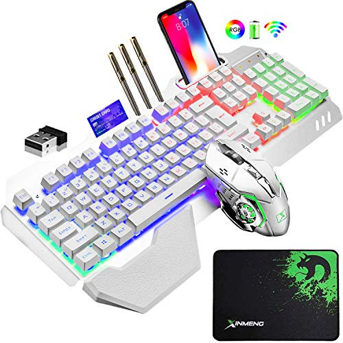 LexonElec 680 pro - Weiß RGB LED Wireless Gaming Tastatur und Maus 4800 mAh volle 104 Tasten Tastatur PC Zubehör eingerichtet 2.4g USB Gamer 2400 DPI atmende optische Maus für PC Mac Laptop comptuter