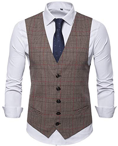 Allthemen Gilet de Costume Homme à Carreaux Slim Fit Col en V Casual pour Mariage Kaki L