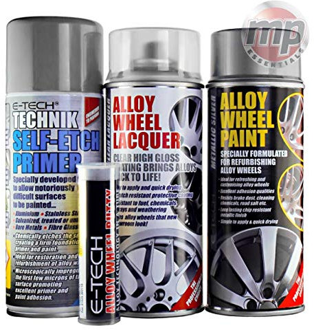 MP Essential E-Tech 4 Step System Alloy Wheel Restore Refurbishment Repaint Pack | Alloy Wheel Primer, Lacquer & Paint with FREE Putty Included (Metallic Silver)