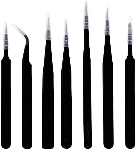 Sunnysam ESD Lot de 7 pinces à épiler de précision antistatiques en acier inoxydable pour ordinateur, réparations électroniques, bijoux, laboratoires et travaux de précision