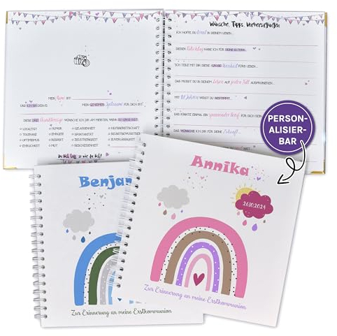 Personalisiertes Gästebuch zur Erstkommunion, Konfirmation, Firmung, Jugendweihe mit vorgedruckten Fragen für die Gäste zum Ausfüllen, Erinnerungsbuch Kommunion mit Regenbogen, Gästebuch mit Fragen