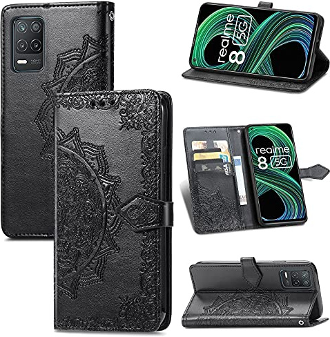 Fertuo Hülle für Realme 8 5G / Realme Narzo 30 5G, Handyhülle Leder Flip Case Tasche mit Kartenfach, Magnet und Standfunktion [Mandala Muster] Handy Schutzhülle Ledertasche für Realme 8 5G, Schwarz