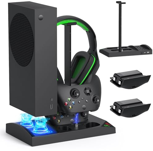 Ventilateur de Refroidissement avec Support de Charge pour Console et Contrôleur Xbox Series S, Support Casque & Accessoires de Dock Double Chargeur avec 2 x 1400MAH Batterie Rechargeable et Couvercle
