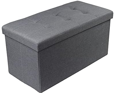 Large Ottoman Foldaway Storage Blanket Toy Box Bench Twill Linen with Buttons Grey 76x38cm