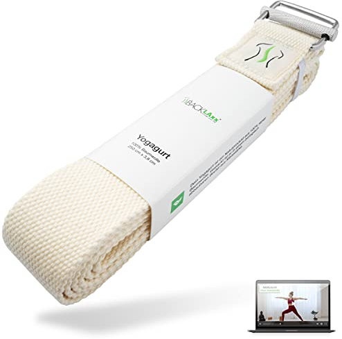 BACKLAXX ® Yoga Gurt Baumwolle (natur) – Nachhaltiges Yoga Zubehör Set, Yogagurt 250 cm lang mit praktischem Verschluss aus Metall – Yoga Set ideal für Yoga, Pilates und Dehnen inkl. Anwendungsvideo