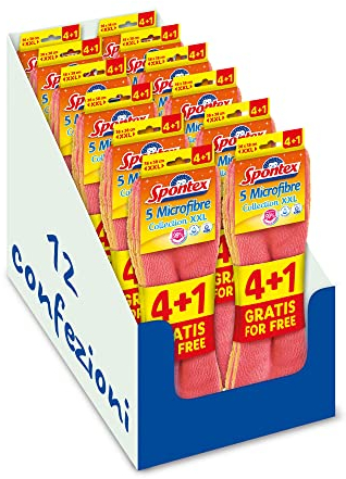 Spontex Microfibras XXL 4+1, Cinco paños Multiusos de Microfibra Textil en Formato conveniencia 4+1 Gratis, absorbentes y eficaces también Solo con Agua, Coloridos, cartón de 12 Paquetes
