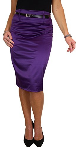 icecoolfashion Women's Stretch Satin Below Knee Bodycon Pencil Skirt with Belt Party Evening Business Deep Purple (22)