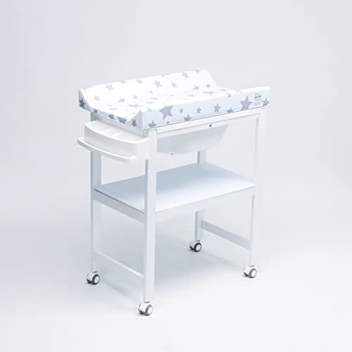 PLASTIMYR - Bañera Cambiador Bebé Madera | Funcional y Práctica con Ruedas | Incluye Colchoneta Estrellas y Cestas Plástico | Madera Sostenible, Sobrebidé Tgw Blanco, 80 x 48,5 x 100 cm