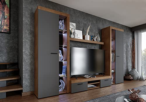 Furnix Wohnwand RIVAY XL Mediawand Grau Wohnzimmer 4-TLG Komplett-Set LED - TV Lowboard, Highboard Vitrine, Wandregal - Modern Freistehend B300 x H190 x T40,2 cm, Farbe Lefkas Eiche/Graphit