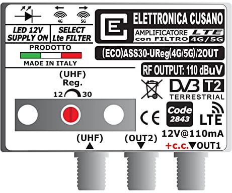 (ECO) ASS30-UReg(4G/5G)/2OUT - Amplificatore Antenna TV con Filtro LTE 4G e 5G (Selezionabile), Amplificatore Antenna da Palo, 1 Ingresso UHF, Gain 30dB, Amplificatore Antenna 2 Uscite, Made in Italy