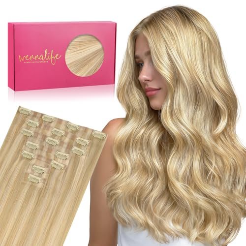 WENNALIFE Nahtlose Clip In Extensions Echthaar, 45cm 7pcs 130g Hellblond Highlights Goldblond Echthaar Extensions Clip Remy Natürliche Seamless PU Clip in Extensions Haarverlängerung Echthaar