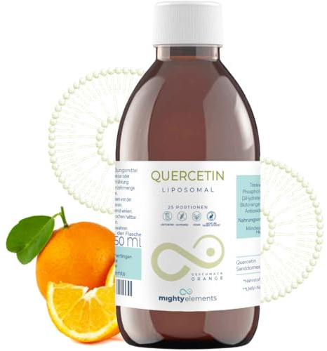 Mighty Elements Liposomal Quercetin Hög Dos 300 mg – Flytande, 250 ml (25 portioner) – Vegansk från Sophora Japonica – Hög biotillgänglighet, glasflaska, Tillverkad i Tyskland