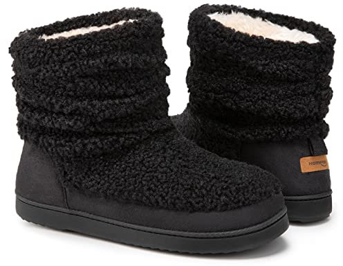 HomeTop Women's Bootie Slippers Fuzzy Warm Memory Foam Indoor House Shoes with Non-slip Rubber Soles Black, 3/4 UK