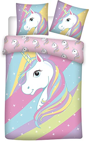 Aymax Unicorn Einhorn Mädchen Bettwäsche-Set 135/200 + 80/80 cm 100% Baumwolle