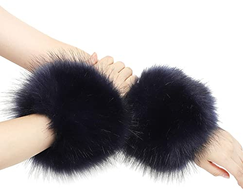 1 Paare Fell Pelz Armstulpen,Damen Pulswärmer Pelz Kunstfell Fellstulpen Fell Manschette Handschuhe Pulswärmer Kunstfell Winter Handgelenk Wärmer für Pullover Mantel Weste Jacken für Frauen,Dunkelblau