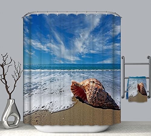EHOMERY Rideau De Douche Lavable Rideaux De Douche Vintage Conch Beach Voir Rideau De Douche USA Anneaux Rideaux Salle De Bain Polyester Bleu 12 Anneaux De Crochets, 90X180Cm