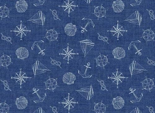 Navy Blue White Nautical Boats Beach Party PVC Oil Vinyl Plastic Table Cloth Linen Look Sea Shells Anchor Wipe Clean 200cm x 140cm (79 x 54 inches) 2 Metres Rectangle Oblong To Fit 6 Seater Table