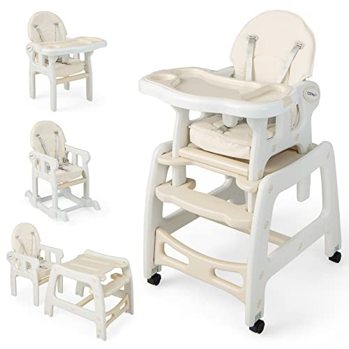 COSTWAY 3 in 1 Babystuhl, Hochstuhl & Essstuhl & Kindersitzgruppe, wandelbarer Babyhochstuhl mit 5-Punkt-Gurt, abnehmbarem Tablett & Sitzkissen & Rückenlehne, für 6-36 Monate, 20 kg belastbar (Beige)