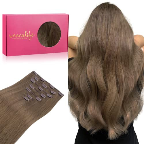 WENNALIFE Clip in Extensions Echthaar, 40cm 16 Zoll 120g 7pcs Helles Ash Braun Haarverlängerung Echthaar Extensions Clip in Hair Extensions Glatt Haar Extensions Clip Extensions Echthaar Günstig