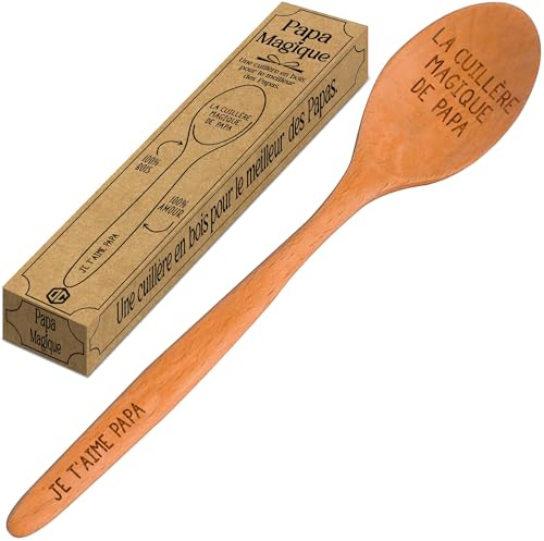 Cuillère de Cuisine en Bois huilé avec gravures Je t'aime Papa et La Cuillère Magique de Papa | Idée Cadeau Unique pour la Fête des Pères | Accessoire de Cuisine en Hêtre | OriginalCup®