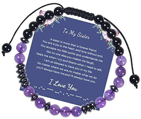 Stfery Armband Schwarz Damen, Partnerarmband Quarz Lila mm Schwester-Morse-Code 17cm Kristall Perle Chakra Modeschmuck Geschenk