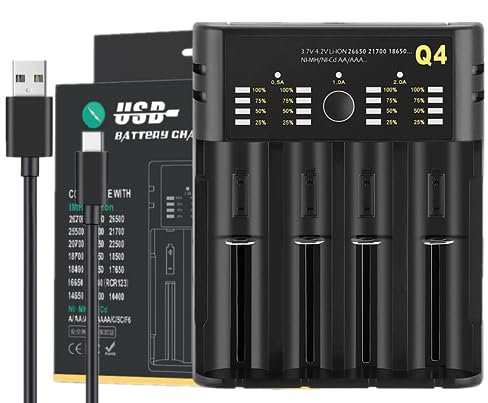 18650 Battery Charger, 4- slot Rechargeable Battery Charger, 2A Fast Universal 18650 Charger, Intelligent Battery Detection Technology, for Li- ion/NiMH/NiCD Batteries Sizes 18650/16340/ AA/AAA