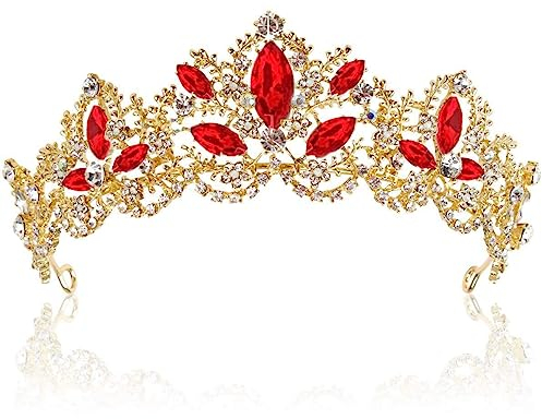 Kristall Tiara für Mädchen Damen,Prinzessin Krone Kristall Schärpe Tiara Strass Stirnband Königin Krone Haarschmuck Diadem für Brautkrone,Hochzeit,Abschlussball,Festzug,Prinzessinnenpartys,Gold Rot