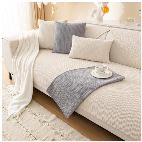 Tauzveok Sofabezug Cord, Winter Sofadecken Für Sitzfläche, Plüsch Sofaschoner, Sofa überzug 3 Sitzer, L Form Und Ecksofa sofaüBerwurf, rutschfest,Beige,70 * 180cm