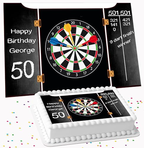DARTBOARD DARTS HAPPY BIRTHDAY PERSONALISED ICING EDIBLE LARGE CAKE TOPPER DECORATION SUITABLE FOR USE ON COSTCO CAKE R1-4565