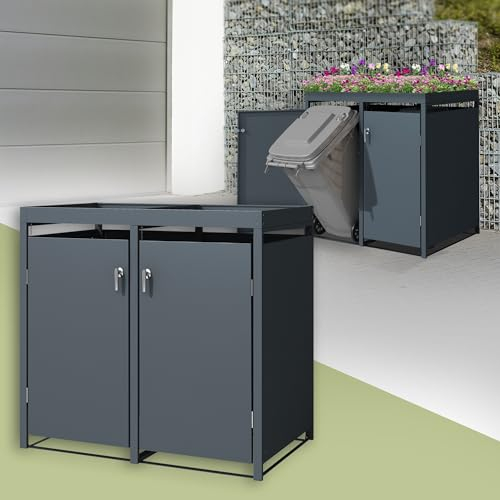 ML-Design Abri pour 2 Poubelles 240L, 132x80x124cm, en Acier, Anthracite, avec Porte à Poignées et 2 Clés, avec Jardinière, Conteneur Extérieur, Moderne, Résistant aux Intempéries, Habillage Poubelle