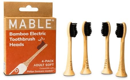 MABLE Bamboo Electric Toothbrush Heads | Compatible with Philips Sonicare Electric Toothbrush | 4 Brush Heads | Soft Plant-Based Bristles | Adult Size Bamboo Replacement Heads, Black